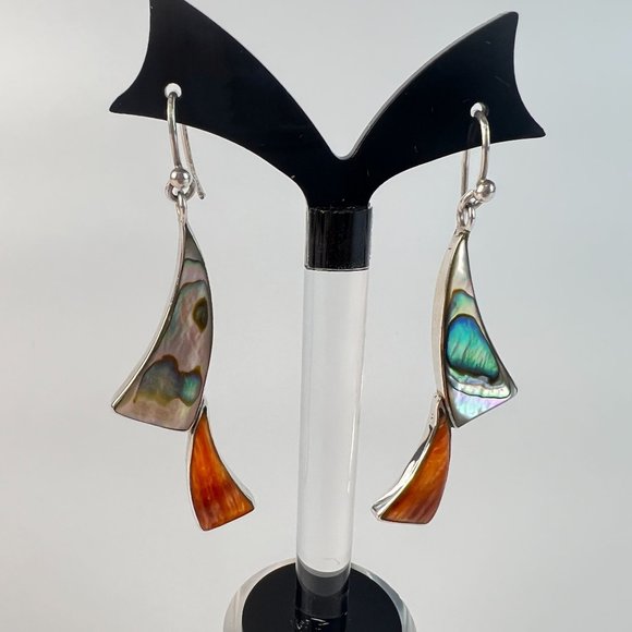 Silver Bezel Set Spiny Oyster & Abalone Shell Dangle Drop Pierced Long Earrings - Picture 1 of 7